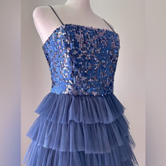 Vintage Y2K dELiA*s Dark Blue Sequined Spaghetti Strap Tiered Mini Dress - Picture 3 of 8